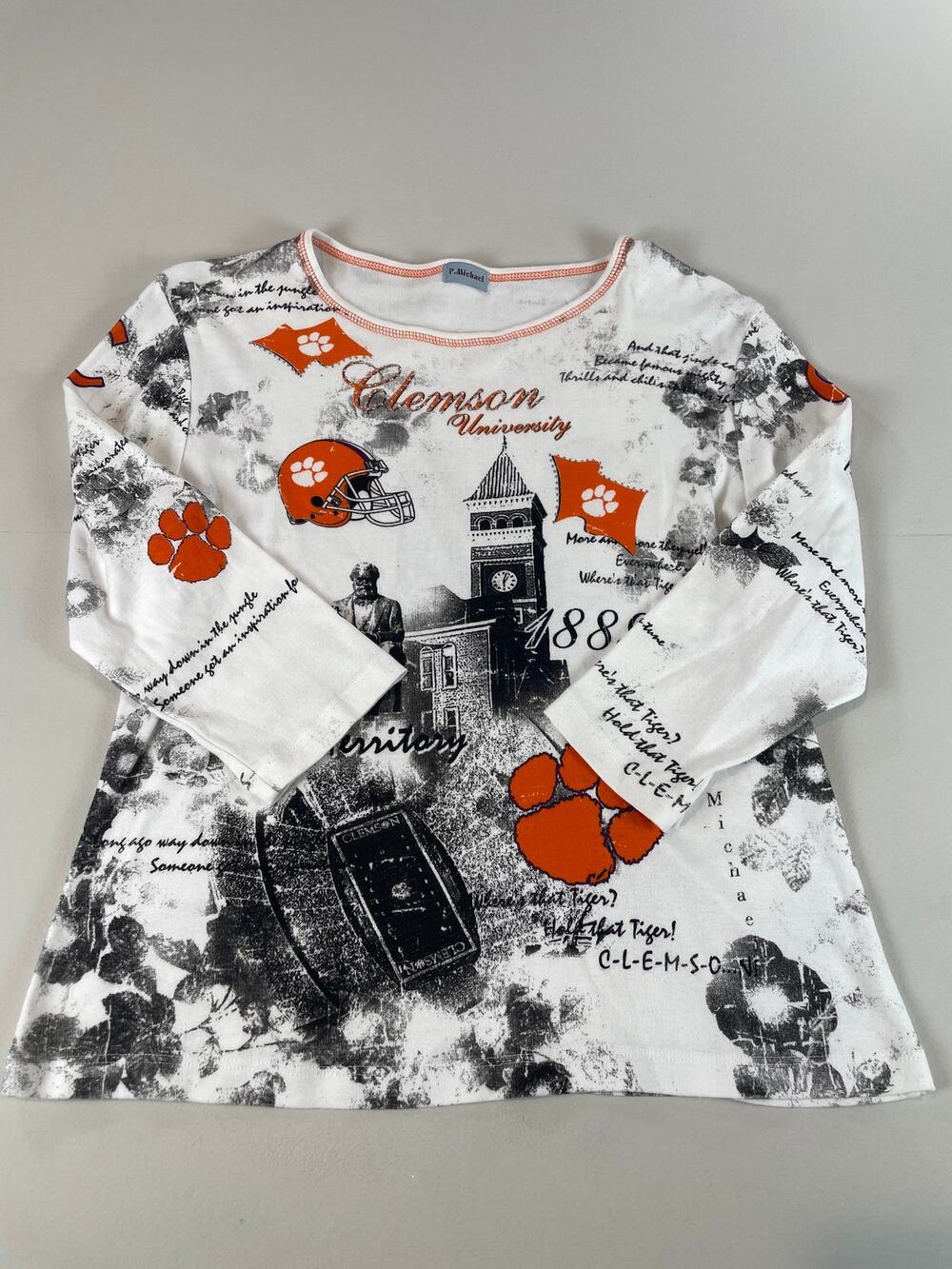P. Michael White Clemson Graphic Three Quarter Length Sleeve Top Size L